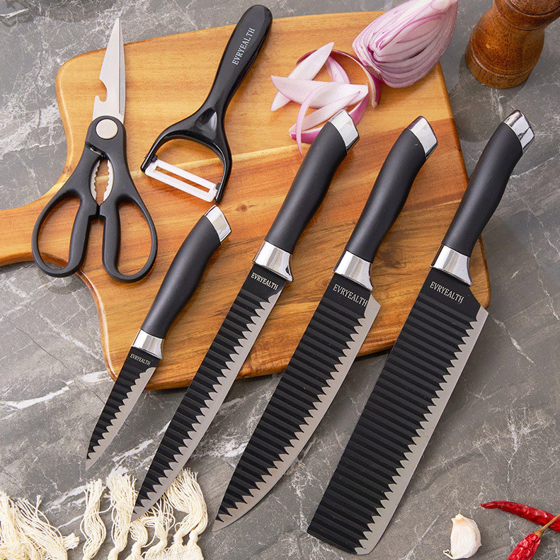 Kit facas de cozinha/Churrasco Profissional Antiaderente 6 Peças Preto/colorido 1