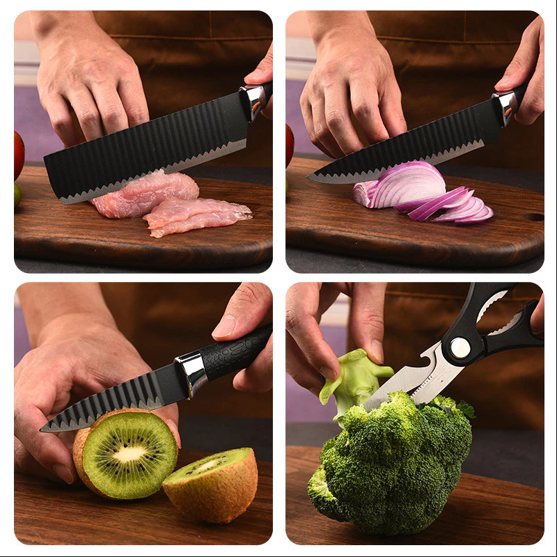 Kit facas de cozinha/Churrasco Profissional Antiaderente 6 Peças Preto/colorido 4