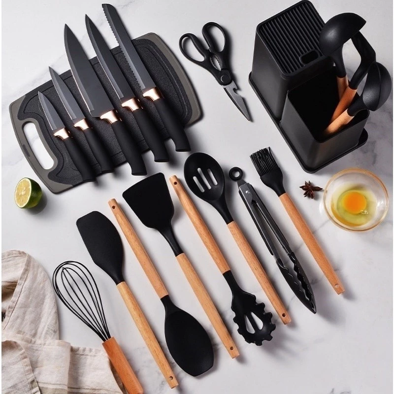 Kit Completo Jogo de Cozinha Luxo 19 Peças Com Tábua em Silicone Espátula Faca Tesoura Utensílios 1