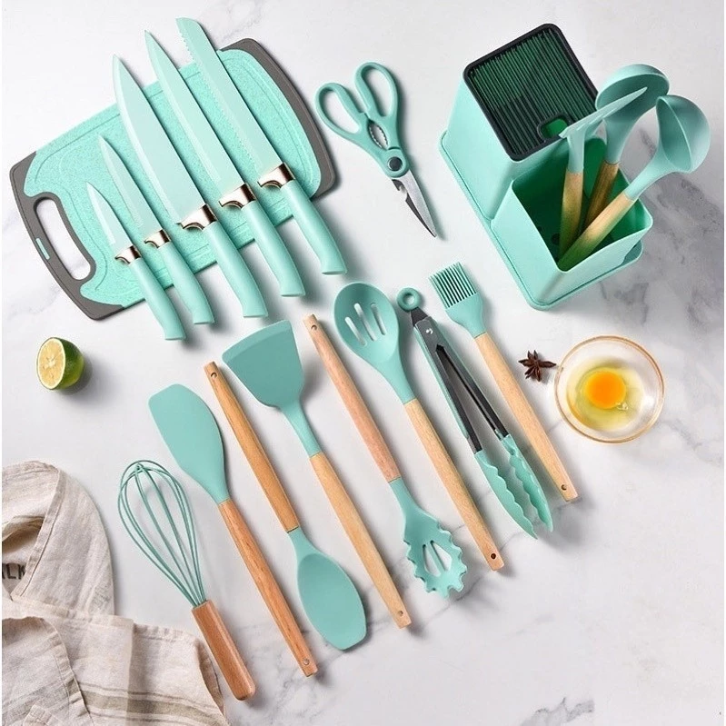 Kit Completo Jogo de Cozinha Luxo 19 Peças Com Tábua em Silicone Espátula Faca Tesoura Utensílios 2