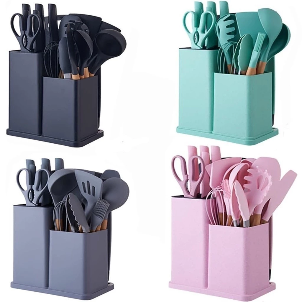 Kit Completo Jogo de Cozinha Luxo 19 Peças Com Tábua em Silicone Espátula Faca Tesoura Utensílios 3