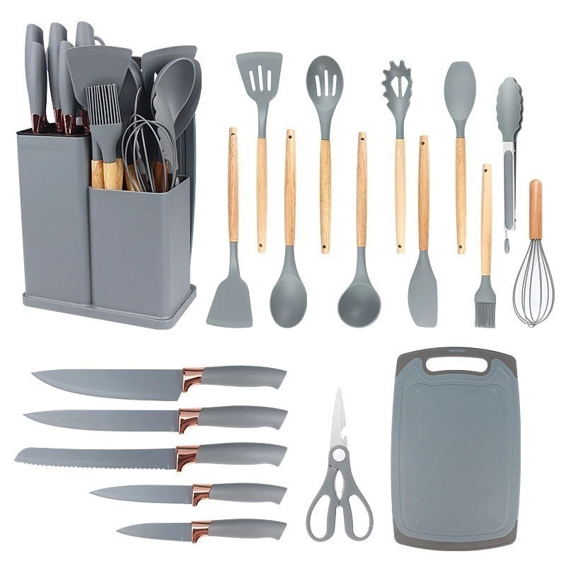 Kit Completo Jogo de Cozinha Luxo 19 Peças Com Tábua em Silicone Espátula Faca Tesoura Utensílios 4