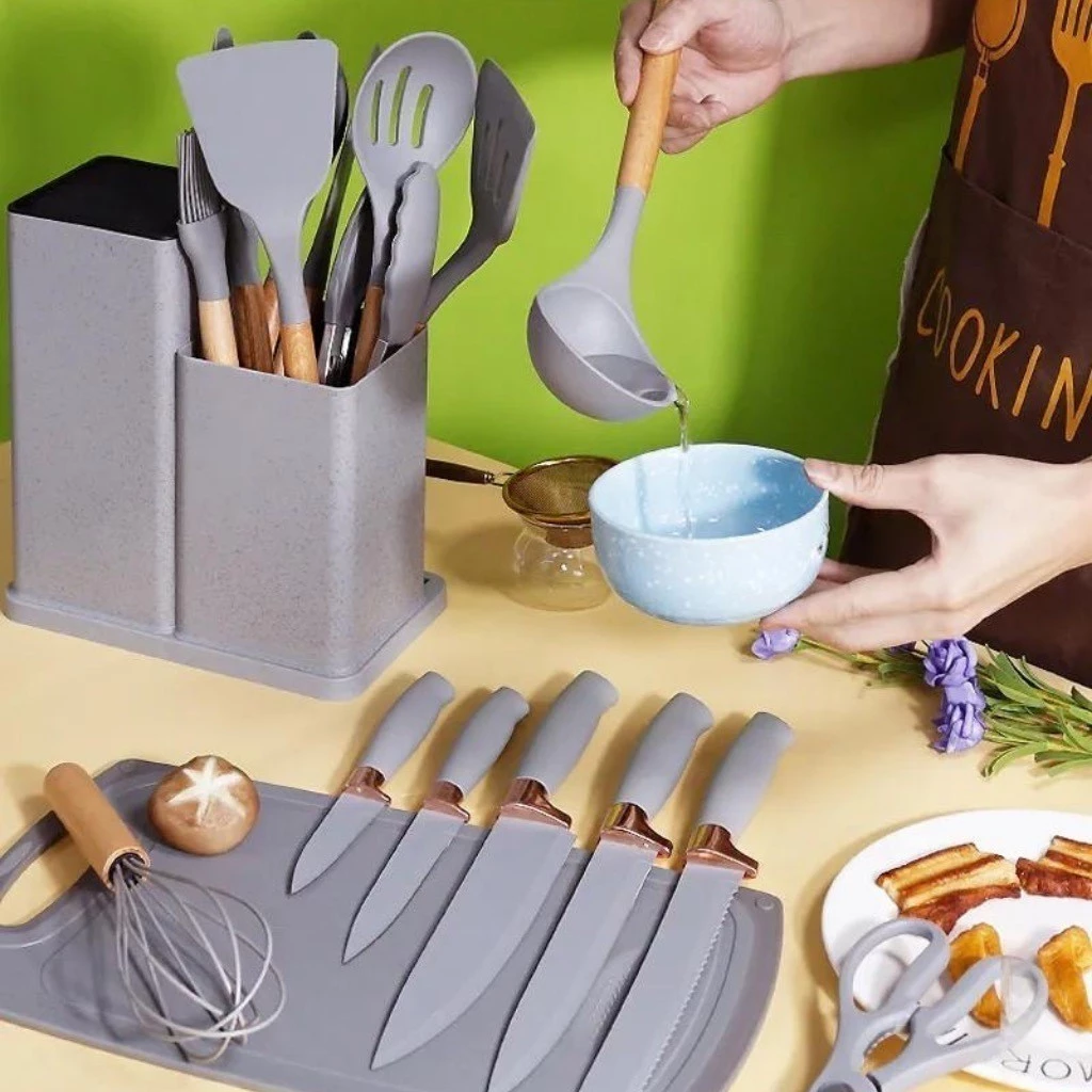 Kit Completo Jogo de Cozinha Luxo 19 Peças Com Tábua em Silicone Espátula Faca Tesoura Utensílios 7