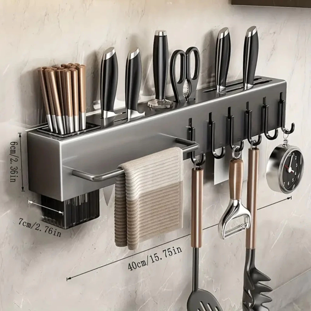 Suporte para Facas e Utensílios de Cozinha com Ganchos Porta Talheres Organizador Parede Escorredor 1