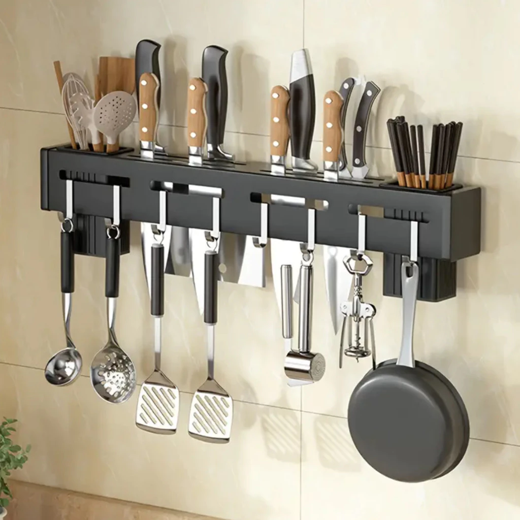 Suporte para Facas e Utensílios de Cozinha com Ganchos Porta Talheres Organizador Parede Escorredor 3