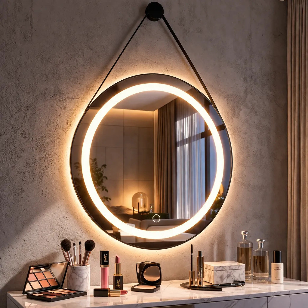 Espelho Adnet Com Touch e Led 3 Cores Jateado com borda em Couro Premium 40 a 60cm 1