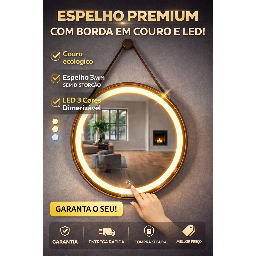 Espelho Adnet Com Touch e Led 3 Cores Jateado com borda em Couro Premium 40 a 60cm 4