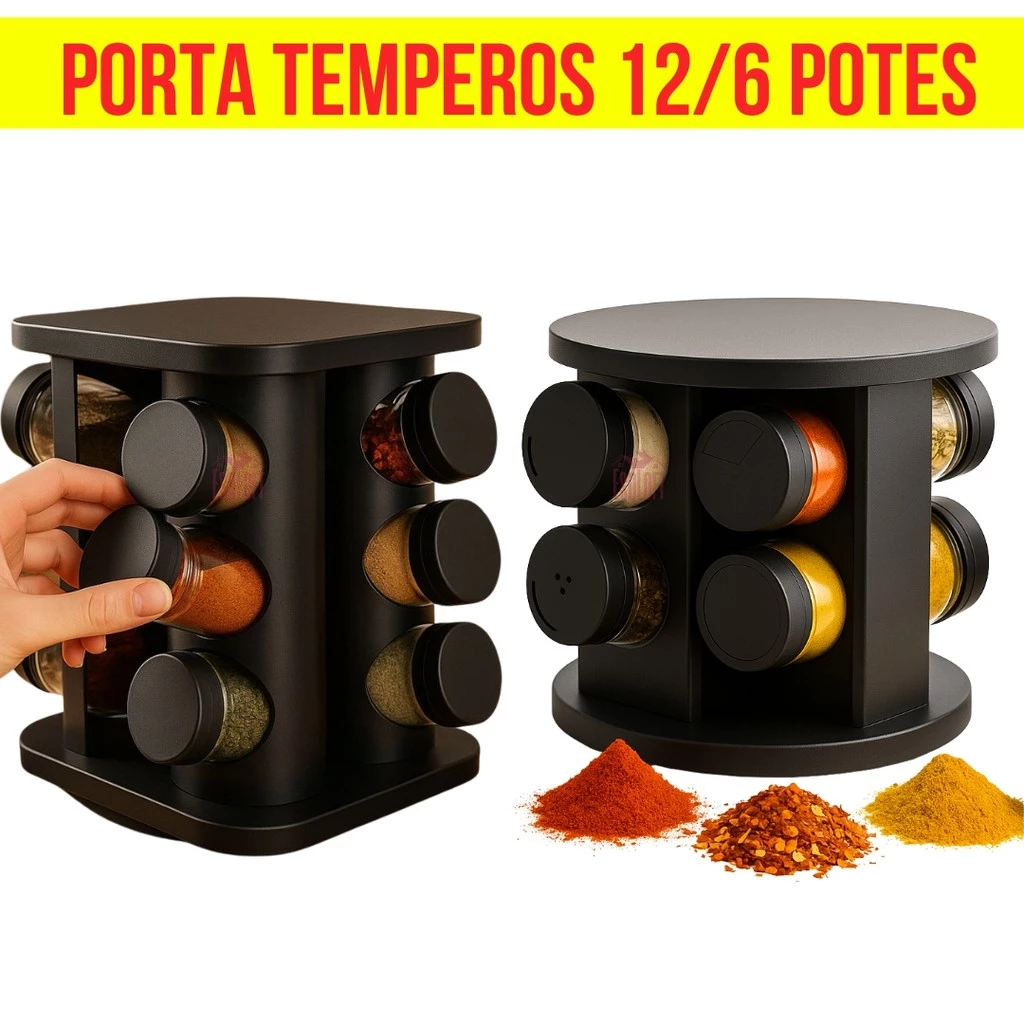Porta Temperos Profissional Giratório 6/12 Potes Vidro com Tampa Dosadora de Condimentos 3