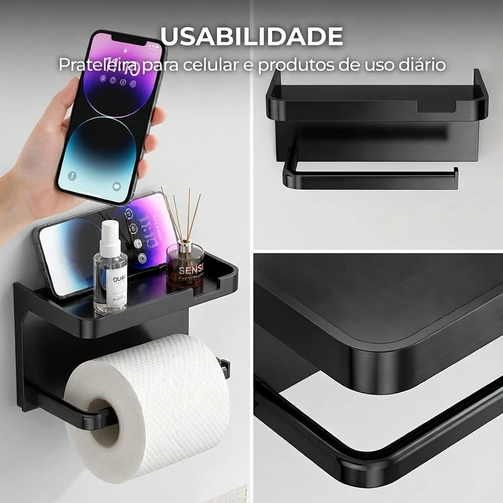 Porta Papel Higiênico Banheiro Adesivo Resistente c/ Suporte Celular 2
