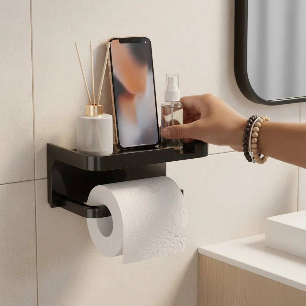 Porta Papel Higiênico Banheiro Adesivo Resistente c/ Suporte Celular 1