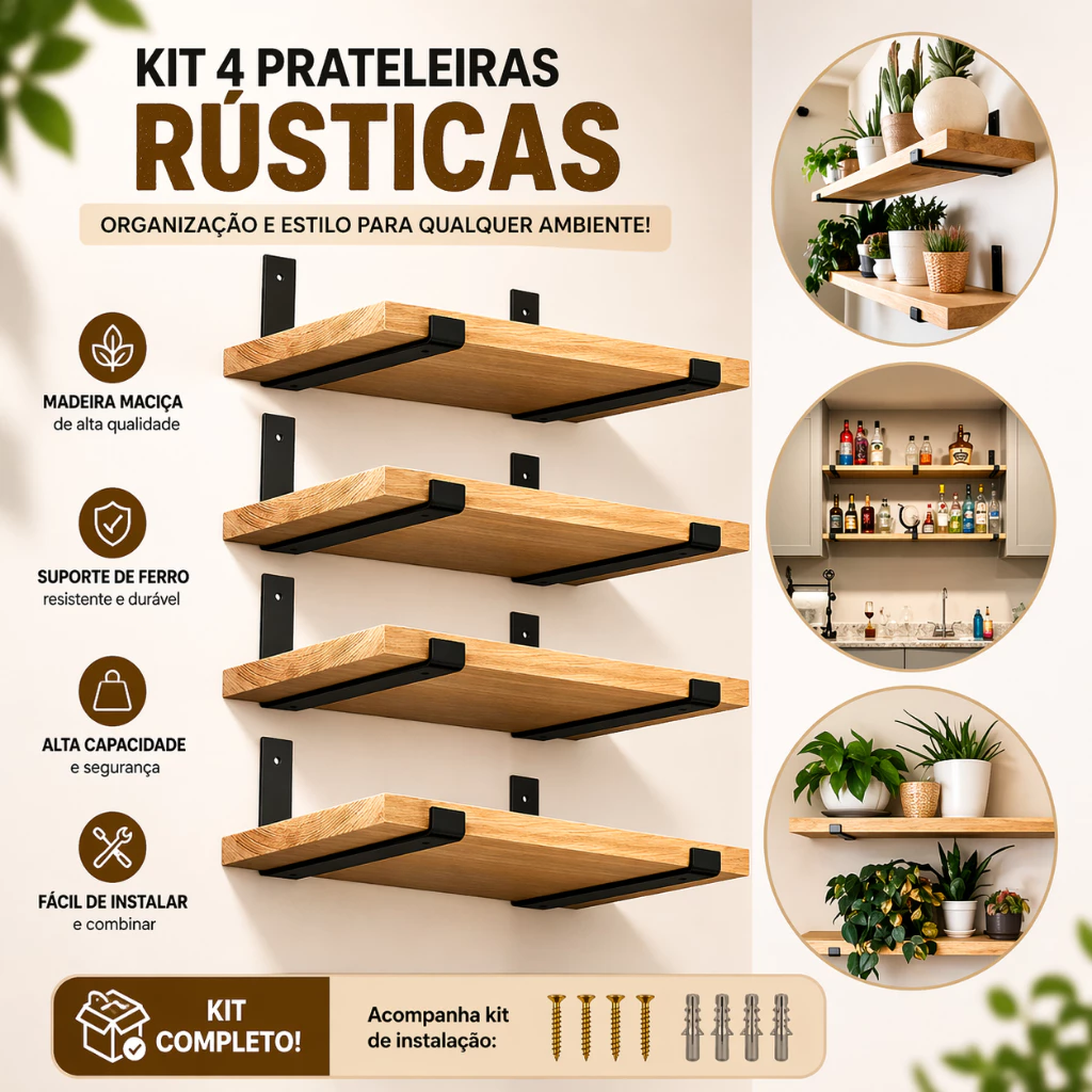 Prateleiras Decorativa Madeira Natural Estilo Industrial Suporte Mão Francesa Invertida Reforçada 3