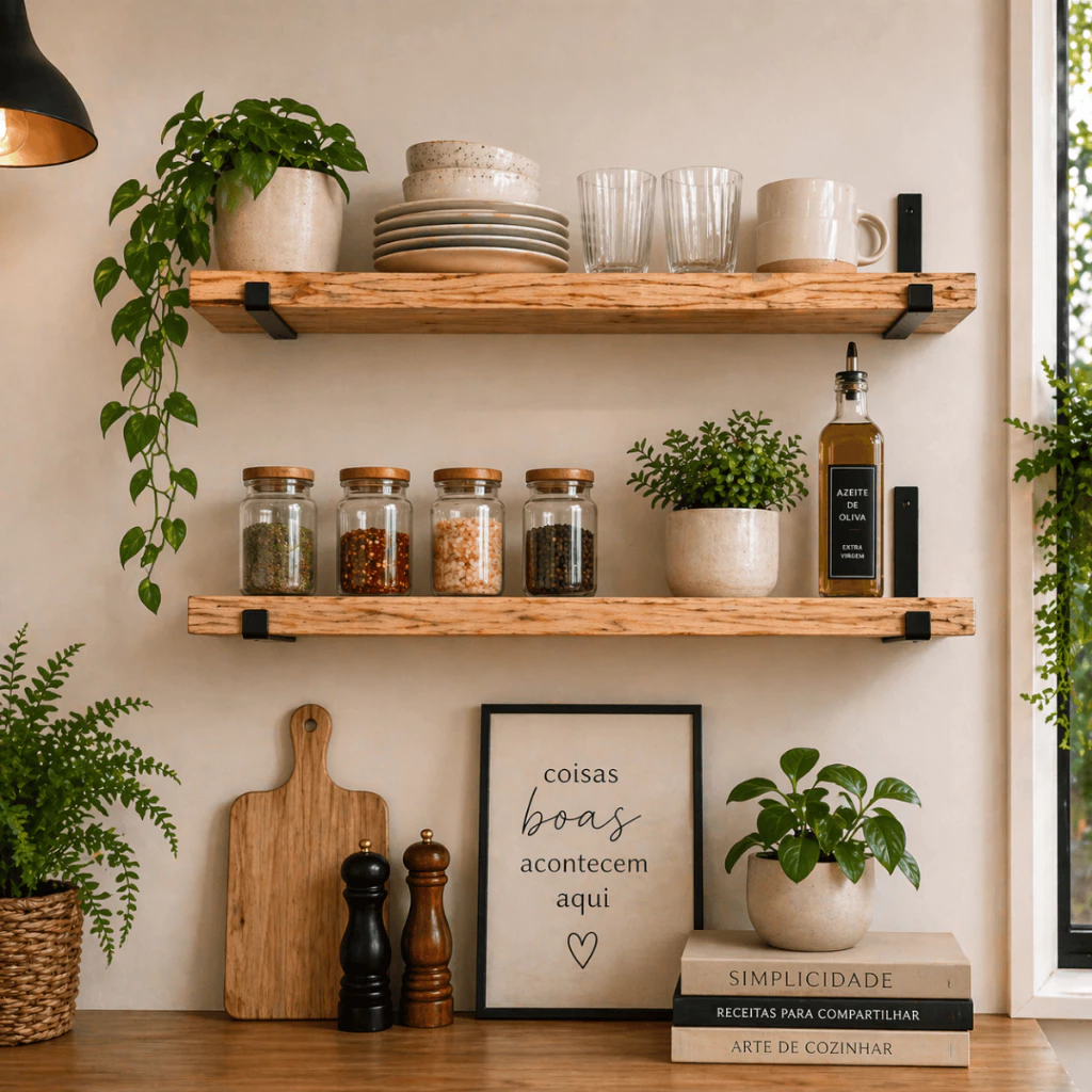 Prateleiras Decorativa Madeira Natural Estilo Industrial Suporte Mão Francesa Invertida Reforçada 4